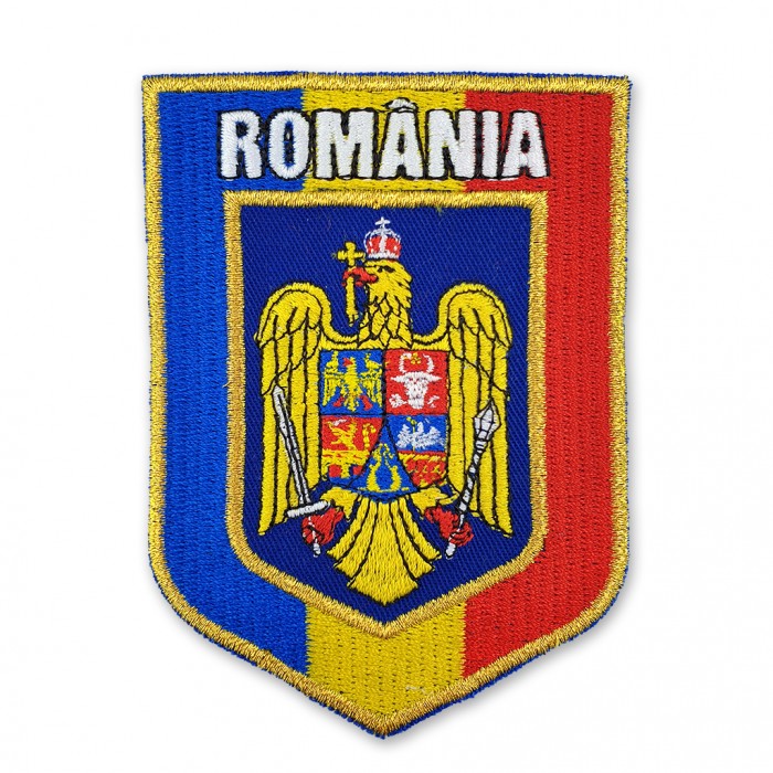 Emblema Stema Romaniei incadrata in drapel